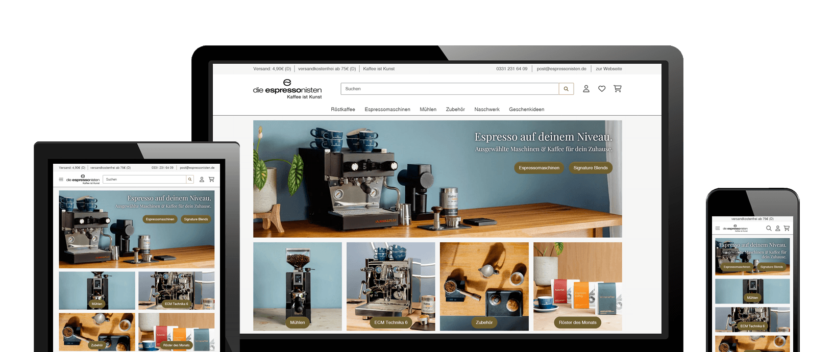 Desktop, Tablet und Handyansicht von shop.espressonisten.de
