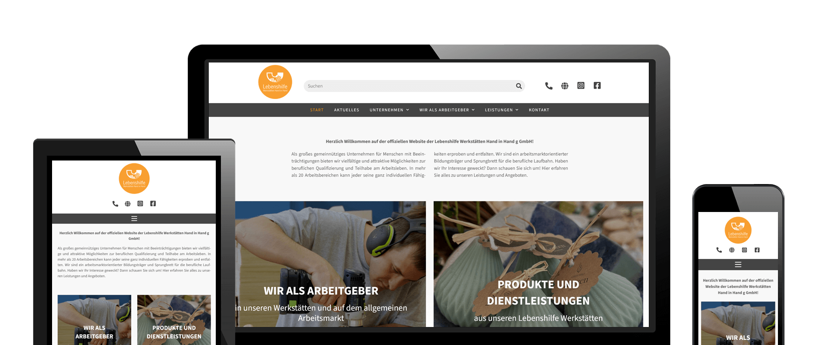 Desktop, Tablet und Handyansicht von www.lebenshilfe-handinhand.de